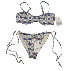 NWT Daisy Blue and Cream Checkered Bikini Set with Red Accents